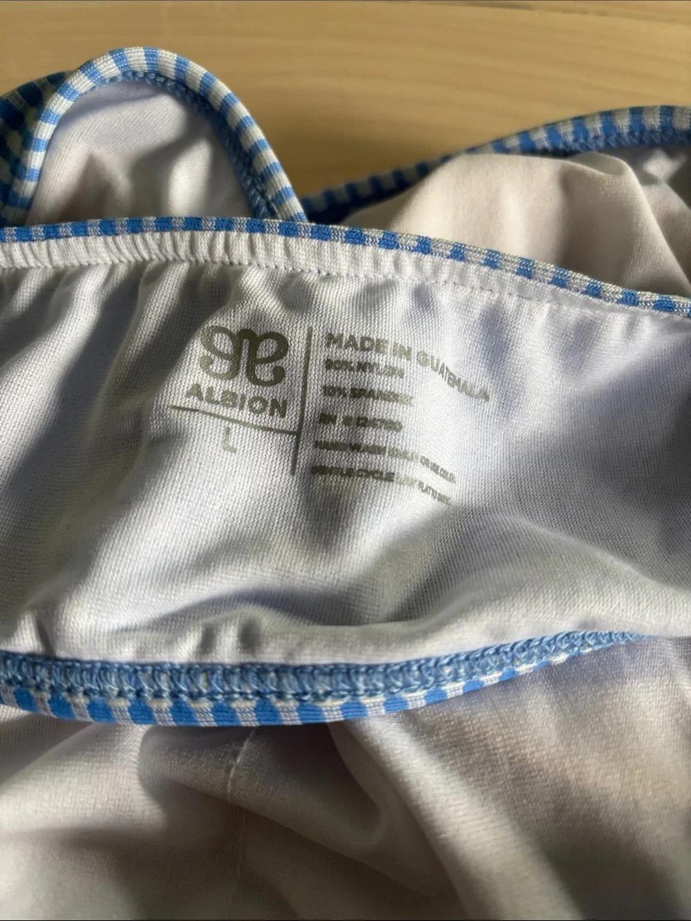 Albion Women’s bikini top. Blue and white gingham with ruffled strap